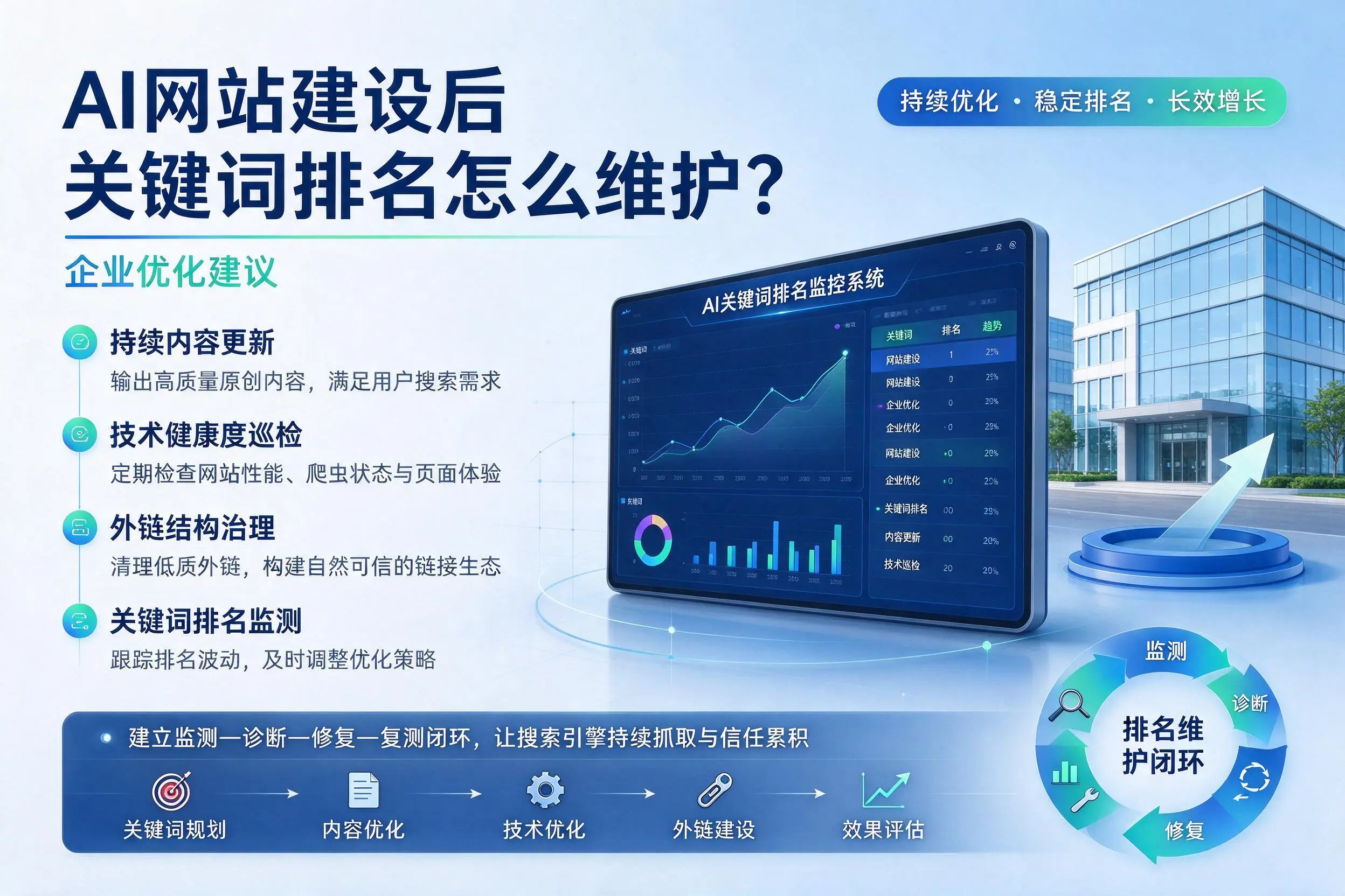 AI网站建设后关键词排名怎么维护?胡杨河企业优化建议