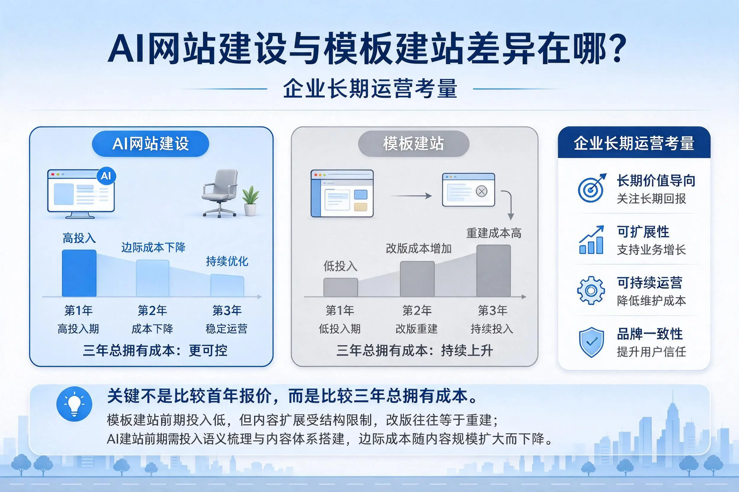 AI网站建设与模板建站差异在哪？胡杨河企业长期运营考量